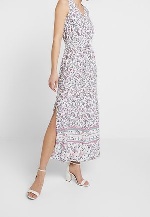 Maxikleid mit Blumenmuster, ärmellos, V-Ausschnitt, elastischer Taille, Seitenschlitzen und gemustertem Saum. Farben sind Weiß, Pink und Grün.