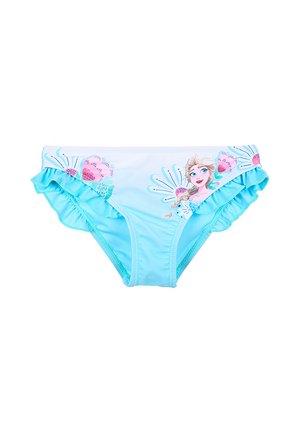 Hellblaue Badehose für Kinder mit pinkfarbenen Blumenmustern und einem Cartoon-Mädchen mit geflochtenem blondem Haar auf der Vorderseite.