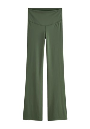 Pantaloni de yoga verde măsliniu, cu talie înaltă, picioare largi și detaliu de cusătură în formă de V la talie.