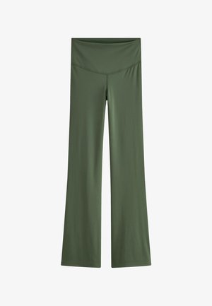 Pantaloni de yoga verde măsliniu, cu talie înaltă, picioare largi și detaliu de cusătură în formă de V la talie.