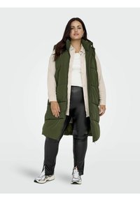 Chaleco de plumas verde con cremallera completa, bolsillos laterales y un cuello alto, combinado con leggings negros y zapatillas plateadas. Camisa blanca debajo.