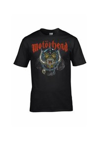 Sort bomulds T-shirt med et grafisk design af et hornet kranium med en hjelm og kæde, samt "Motörhead" tekst i rød.