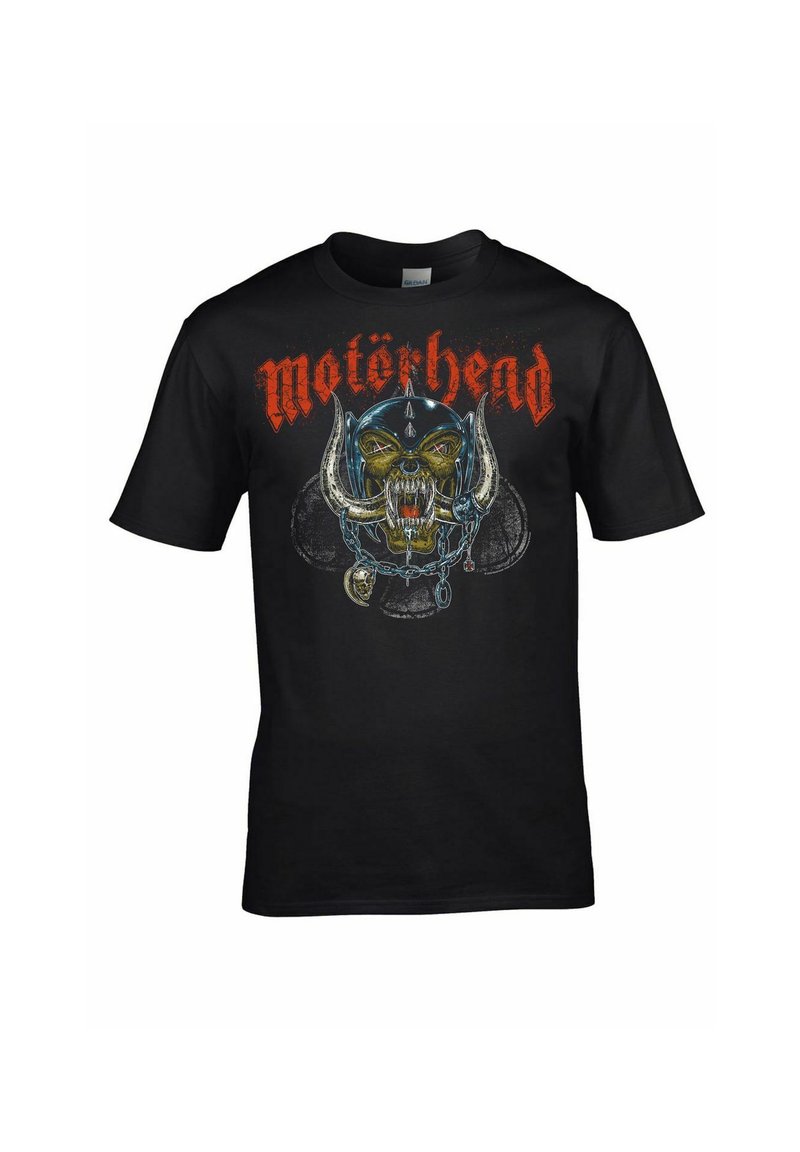 Sort bomulds T-shirt med et grafisk design af et hornet kranium med en hjelm og kæde, samt "Motörhead" tekst i rød.