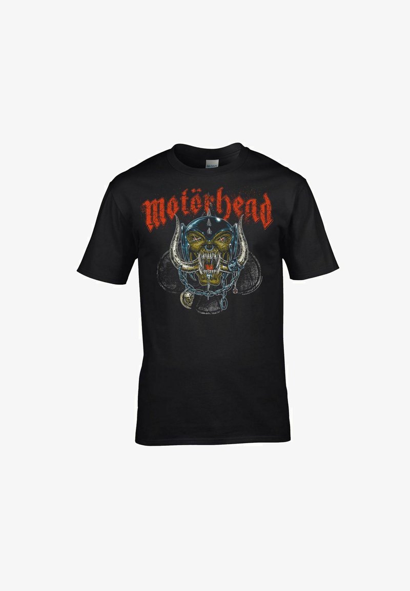 Sort bomulds T-shirt med et grafisk design af et hornet kranium med en hjelm og kæde, samt "Motörhead" tekst i rød.