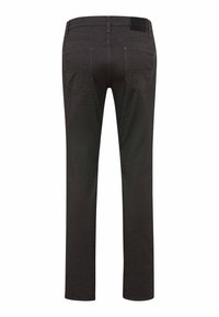 Pantalon gris foncé à jambe droite vu de dos avec passants de ceinture, deux poches et une étiquette de marque en cuir sur la ceinture.