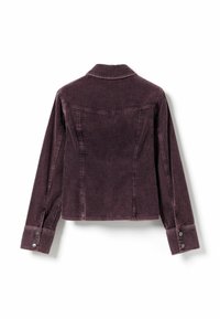 Veste en velours côtelé violet foncé à manches longues, col plié, coutures visibles et poignets boutonnés, vue de dos sur fond blanc.