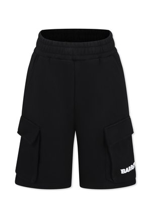 Pantaloni cargo neri con vita elasticizzata, due tasche laterali e dettaglio del logo sulla gamba. Realizzati in un tessuto morbido e liscio.
