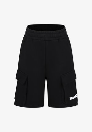 Pantaloni cargo neri con vita elasticizzata, due tasche laterali e dettaglio del logo sulla gamba. Realizzati in un tessuto morbido e liscio.