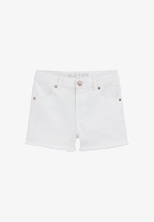 Beli denim kratke hlače s raztrganimi robovi, ki imajo dva sprednja žepa, ozek kroj in zaponko na gumb. Etiketa nosi napis "BLUE RIDGE."