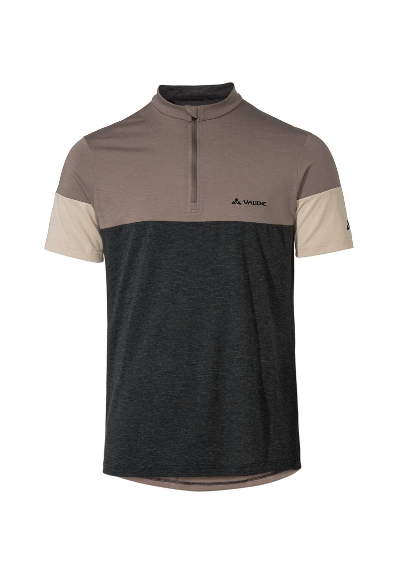 Kurzarmhemd mit einem halben Reißverschluss-Kragen; verfügt über einen beigen oberen und einen dunkelgrauen unteren Abschnitt; weicher Stoff mit strukturiertem Aussehen.