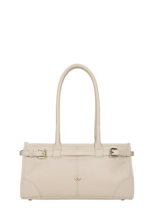 Sac à main en cuir crème avec poignées doubles sur le dessus, détails de boucles dorées sur les côtés et petit emblème doré centré sur le panneau avant.