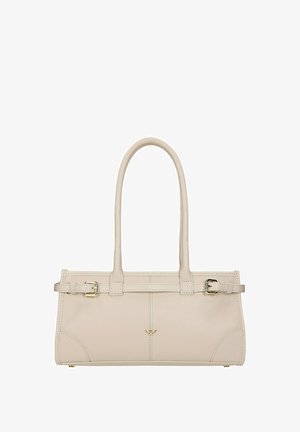 Borsa in pelle color crema con doppi manici superiori, dettagli con fibbie dorate ai lati e piccolo emblema dorato al centro del pannello frontale.
