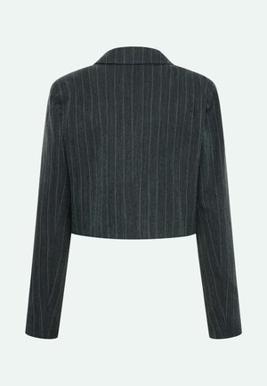 Geknipte grijze blazer met verticale strepen, voorzien van een klassieke kraag en lange mouwen, gemaakt van gestructureerde stof.