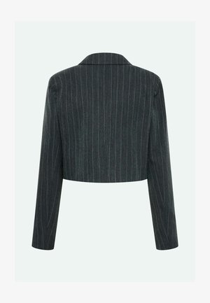 Geknipte grijze blazer met verticale strepen, voorzien van een klassieke kraag en lange mouwen, gemaakt van gestructureerde stof.