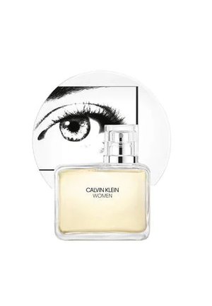 Calvin Klein Women-parfym i en rektangulär klar glasflaska med en silverfärgad spraymunstycke, med en rund etikett som har en ögonillustration.