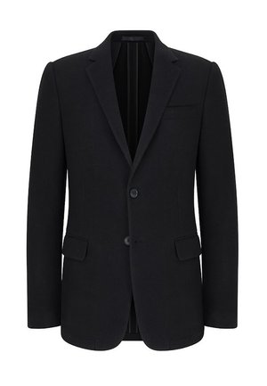 Czarna marynarka męska z klapami w kształcie notcha, dwoma guzikami z przodu, kieszeniami z klapami oraz kieszenią na piersi, prezentowana na białym tle.