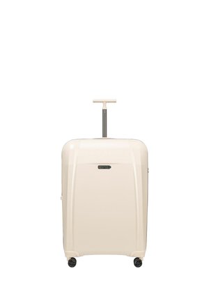Cream-colored hard-shell suitcase with four wheels and a T-shaped extended handle, branded with "Epic" on the front.