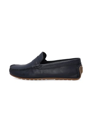 Marineblaue Lederloafers mit gesticktem Detail, Gummisohle und Schlupfdesign. Glatte Textur, runde Zehenform und Akzent an der Ferse.