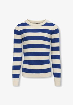 Blå og creme-stribet ribbet sweater med rund halsudskæring og lange ærmer, der har en tætsiddende design og blød tekstur.