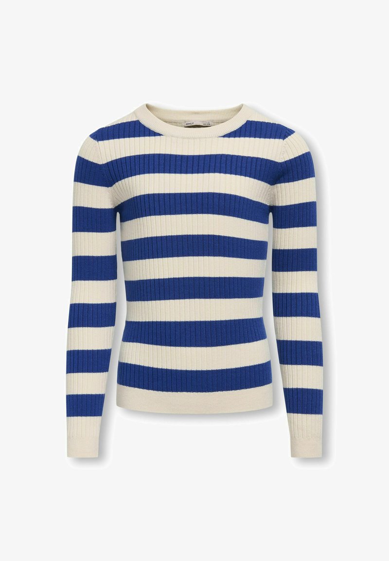 Blauwe en crèmekleurige gestreepte ribbeltrui met een ronde halslijn en lange mouwen, met een aansluitend ontwerp en een zachte textuur.