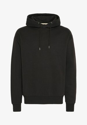 Juodas džemperis su gobtuvu, pagamintas iš medvilnės mišinio, turi užtrauktuką ir įsiūtus rankogalius bei apačią. Lygus paviršius su minimaliais detalėmis.