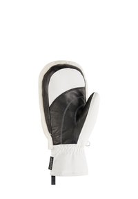 Schwarze und weiße Lederhandschuhe mit einer weichen Innenauskleidung, die ein geschwungenes Design, ein elastisches Handgelenk und markante Stichakzente aufweisen.