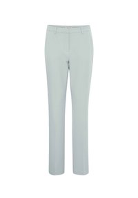 Pantalones de tela gris claro, ajustados, con pasadores para cinturón, bolsillos frontales y un cierre delantero oculto, mostrados de forma plana sobre un fondo blanco.