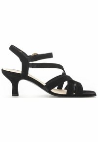 Sandale pour femmes en daim noir avec petit talon bas, trois brides avant, bride de cheville avec boucle et design à bout ouvert.