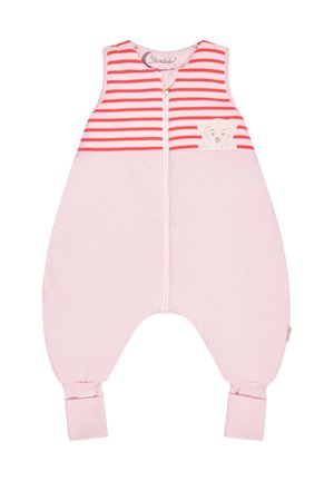 Ärmelloser rosa Baby-Strampler mit roten und weißen Streifen oben, einem Frontreißverschluss und einem kleinen Teddybär-Patch auf der Brust.