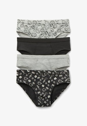 Tres pares de ropa interior infantil: uno gris con patrones deportivos, uno negro liso y uno negro con estampados de temática de Nueva York. Material de algodón.