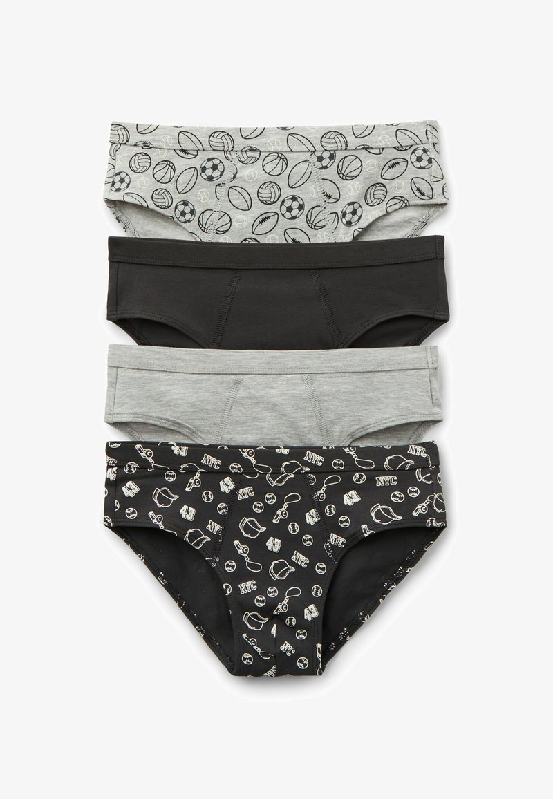 Tres pares de ropa interior infantil: uno gris con patrones deportivos, uno negro liso y uno negro con estampados de temática de Nueva York. Material de algodón.