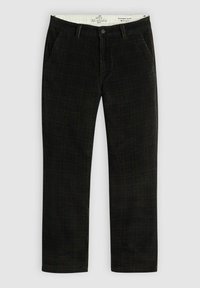Chino in corda nera con un design a gamba dritta. Presenta tasche laterali, chiusura con bottone e una sottile texture a coste.