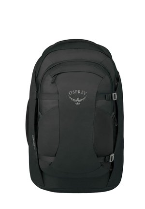 Sac à dos de voyage noir Black Osprey Fairview 70 avec sangles de compression à l'avant et logo sur le panneau avant supérieur.
