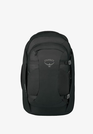 Sac à dos de voyage noir Black Osprey Fairview 70 avec sangles de compression à l'avant et logo sur le panneau avant supérieur.