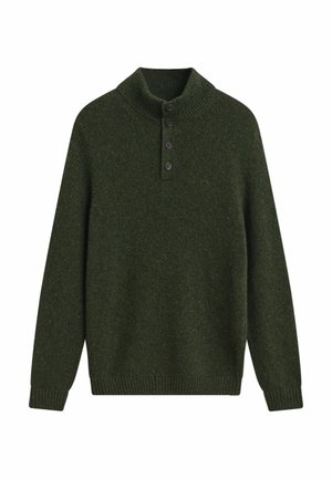 Dunkelgrüner Wollpullover mit geripptem Kragen, Knopfleiste mit drei Knöpfen und langen Ärmeln. Strukturierter Stoff mit dezenten Sprenkeln in der gesamten Oberfläche.