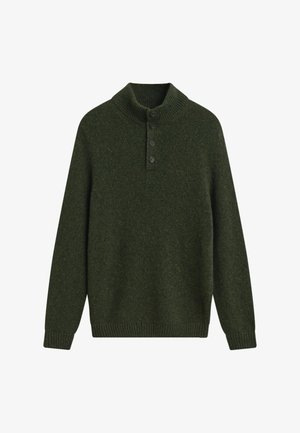 Dunkelgrüner Wollpullover mit geripptem Kragen, Knopfleiste mit drei Knöpfen und langen Ärmeln. Strukturierter Stoff mit dezenten Sprenkeln in der gesamten Oberfläche.