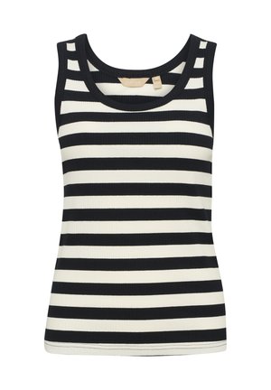 Black and white striped tank top with a ribbed texture, rounded neckline, and wide shoulder straps, featuring horizontal stripes of varying widths.