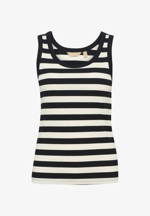 Gestreifter Tanktop in Schwarz und Weiß mit geripptem Textur, runder Halslinie und breiten Schulterträgern, mit horizontalen Streifen in unterschiedlichen Breiten.