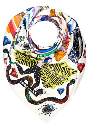 Foulard en soie avec des illustrations colorées d'une personne aux ailes rayées, poissons, serpents, scarabées et formes géométriques sur fond blanc.