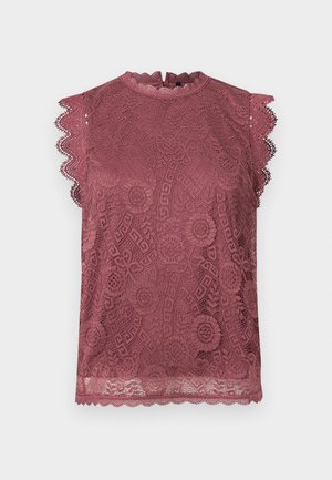 Μπλούζα χωρίς μανίκια σε μωβ απόχρωση με δαντέλα και λουλουδάτα σχέδια, με κυματιστές άκρες στα μανίκια και το τελείωμα, και ψηλό λαιμόκοψη με κλείσιμο κουμπιού στην πλάτη.