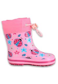 Roze rubberen regenlaars met patronen van lieveheersbeestjes en bloemen, met een gerimpelde bovenkant en een roze trekkoord. Heeft een gegroefd loopvlak voor grip.