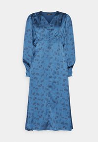 Robe midi bleue à manches longues, col en V, boutons recouverts de tissu et imprimé paisley subtil sur toute la robe.