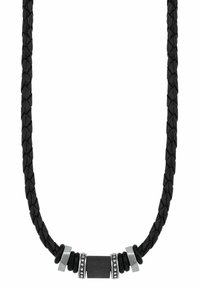 Collana in pelle intrecciata nera con accenti metallici e un pezzo centrale rettangolare, caratterizzato da decorazioni circolari e quadrate.