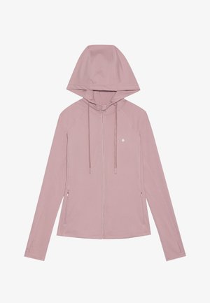 Svetloružová mikina na zips s kapucňou, raglánovými rukávmi, prednými vreckami a šnúrkami. Hladká textúra a jemné logo na hrudi.