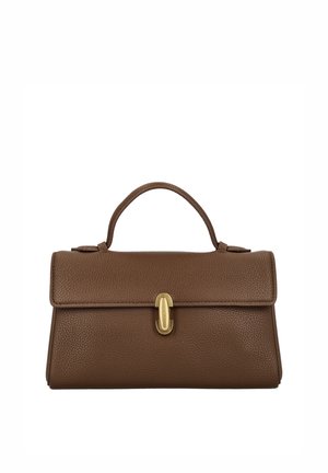 Bolso de cuero marrón con acabado texturizado, con asa superior y cierre de broche con herrajes dorados. Diseño limpio y rectangular.