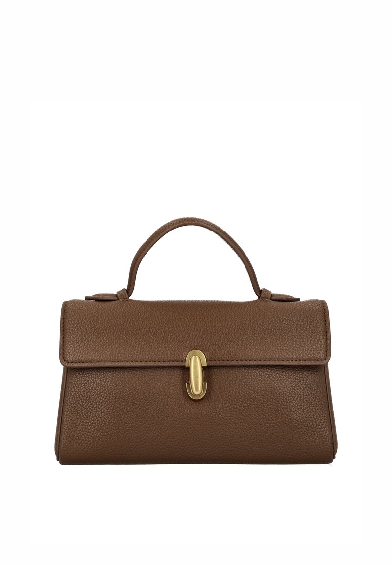 Braune Lederhandtasche mit strukturierter Oberfläche, ausgestattet mit einem oberen Griff und einem Verschluss mit goldener Metallschnalle. Sauberes, rechteckiges Design.