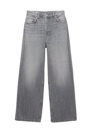 Jeans a gamba larga in denim grigio con vita alta, cinque tasche, finitura sbiadita e cuciture in contrasto. Presentano una chiusura con bottoni e passanti per la cintura.