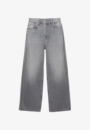Gray denim wide-leg jeans with a high waist, five pockets, faded finish, and contrast stitching. Features a button-fly and belt loops.