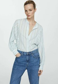 Lichtblauwe gestreepte blouse met een v-hals en knoopsluiting, gecombineerd met hoge blauwe jeans. Lange mouwen met manchetaccenten.