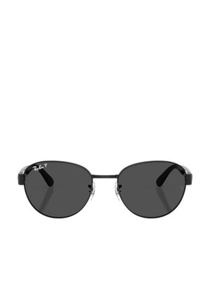 Sorte Ray-Ban solbriller med metalstel, mørke ovale polariserede linser og justerbare næsepuder, vist forfra på hvid baggrund.